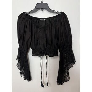 Kashi Lace Peasant Top S/M Dark Black Lace Whimsigoth Witchy Fairy Cropped Blous